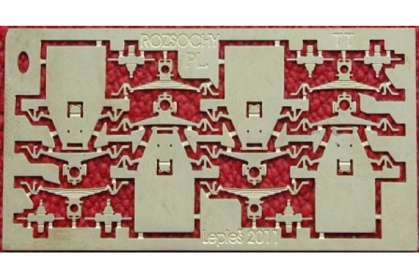 Rozsochy pojezdu plechové včetně ložisek, pružnic a koníků, 4 kusy, TT, Lepieš 02