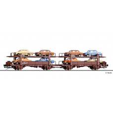 Vůz řady Laaek 4357 pro přepravu automobilů, DR, loženy 8 automobily Lada 1200, IV. epocha, TT, Tillig 18592