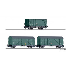 Set tří krytých nákladních vozů ,,Bauzugwagen", DR, IV. epocha, H0, Tillig 70050
