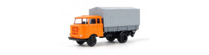 IFA W50L, prodloužená kabina, dřevěná korba, plachta a zadní nakládací plošina, pastelová oranžová, TT, Haedl 121047-15